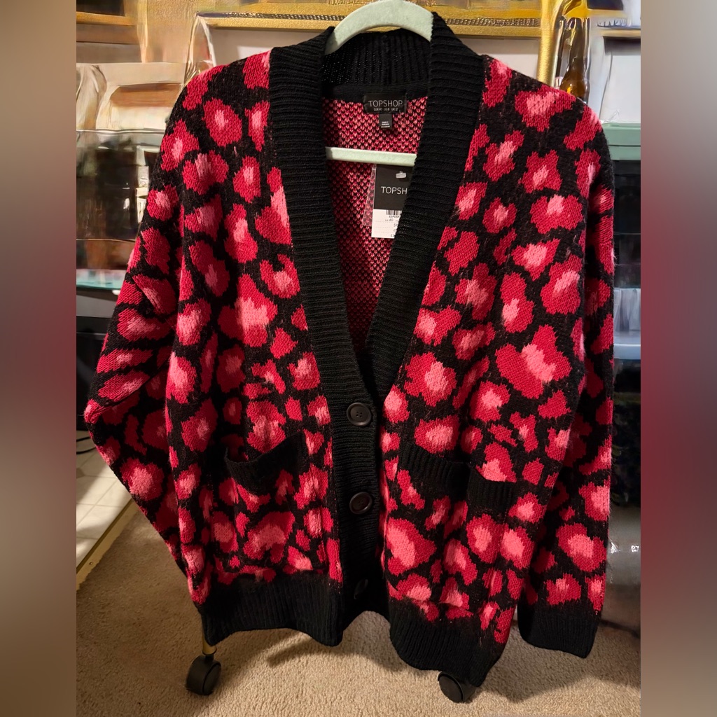 Topshop Red, Pink, And Black Leopard Print Women's Sweater